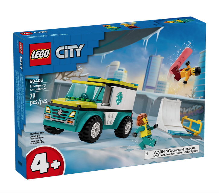 The box for the LEGO Emergency Ambulance and Snowboarder depicting a scene with a snowboarder on the half pipe with the ambulance and paramedic in the foreground. 