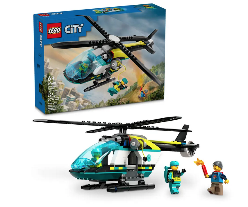 The LEGO® City Emergency Rescue Helicopter set fully built with the pilot and rescuer minifigures standing in front of it and the box in the background. 