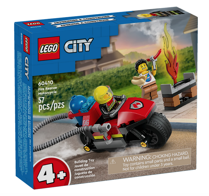 The LEGO Fire Rescue Motorcycle box featuring the rescue motorcycle arriving to assist a grill flare up. 