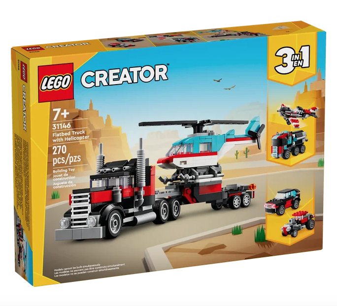 LEGO Creator 3 in 1 Flatbed Truck with Heliocopter box, featuring images of all three builds. 