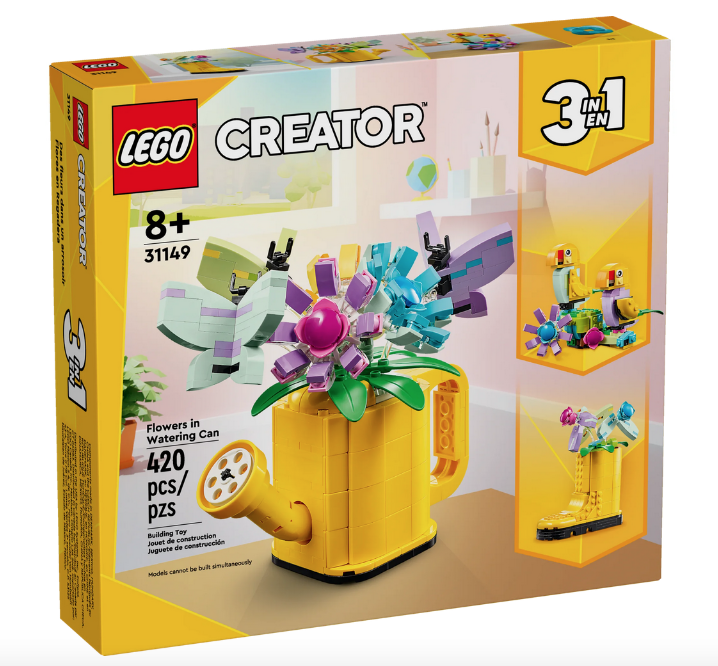 LEGO 3in1 Creator box with pictures of yellow watering can, rain boot, and birds. 