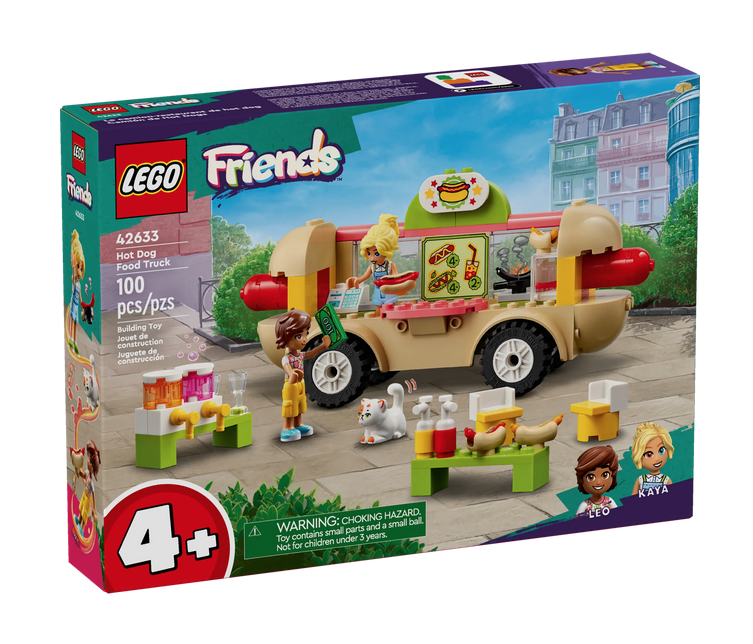 The LEGO Hot Dog Food Truck set depicting the brick built food truck, mini-dolls, cat character and food accessories.