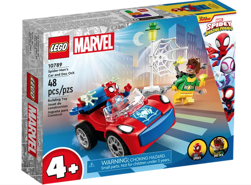 Box showing the assembled LEGO set of Spider Mans Car with the Spider Man minifigure in the drivers seat. Doc Ock minifigure is also on the cover of the box. 