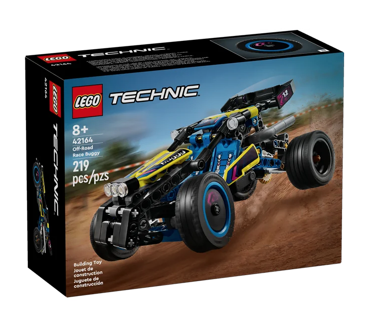  LEGO® Technic™ Off-Road Race Buggy box featuring the completed buggy on a dirt trail. 