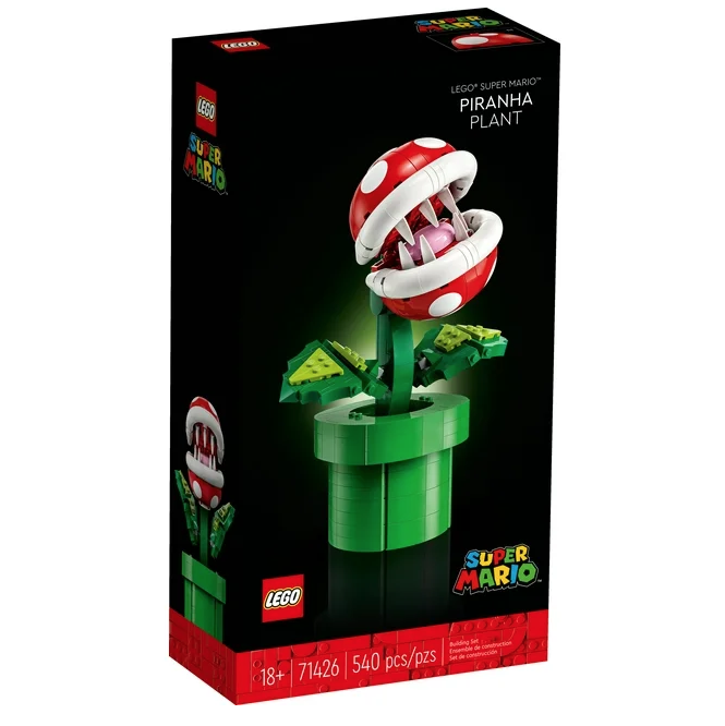 The Super Mario LEGO Piranha Plant box with a picture of the completed plant. 
