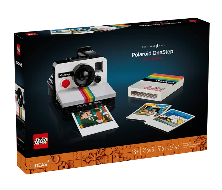 The LEGO set box, featuring a realistic brick-built model of the Polaroid OneStep SX-70 Camera