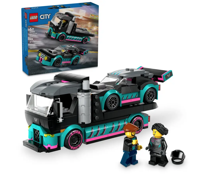 The carrier truck has the race car loaded on it with the race driver and truck driver minifigures standing outside of it. The box is in the background. 