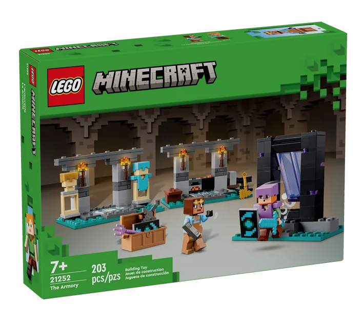 The LEGO Minecraft The Armory building set box, featuring pictures of  the built set. 