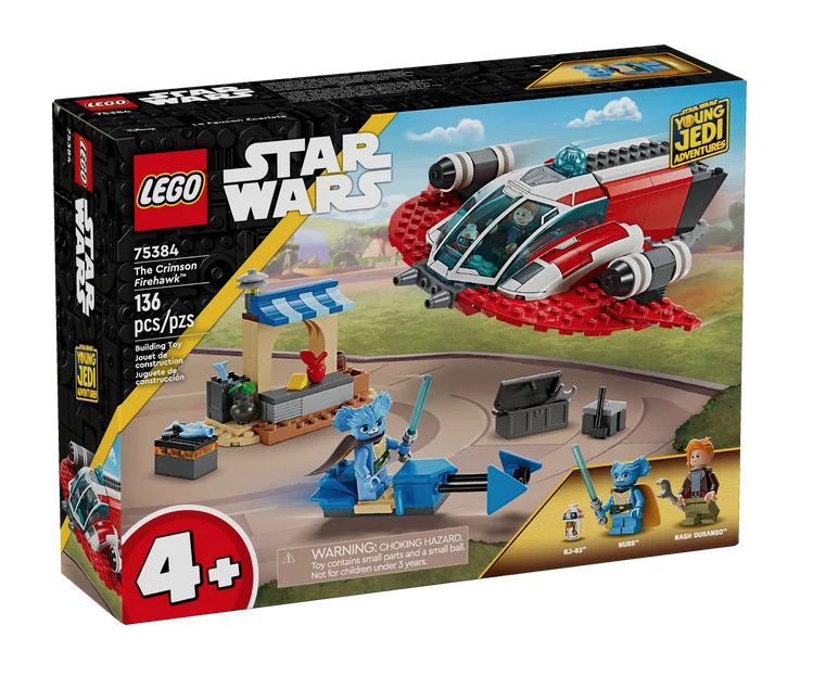 The box picturing the built The Crimson Firehawk starship, the speeder bike toy and a small marketplace. The box also shows the figures included with the set. 