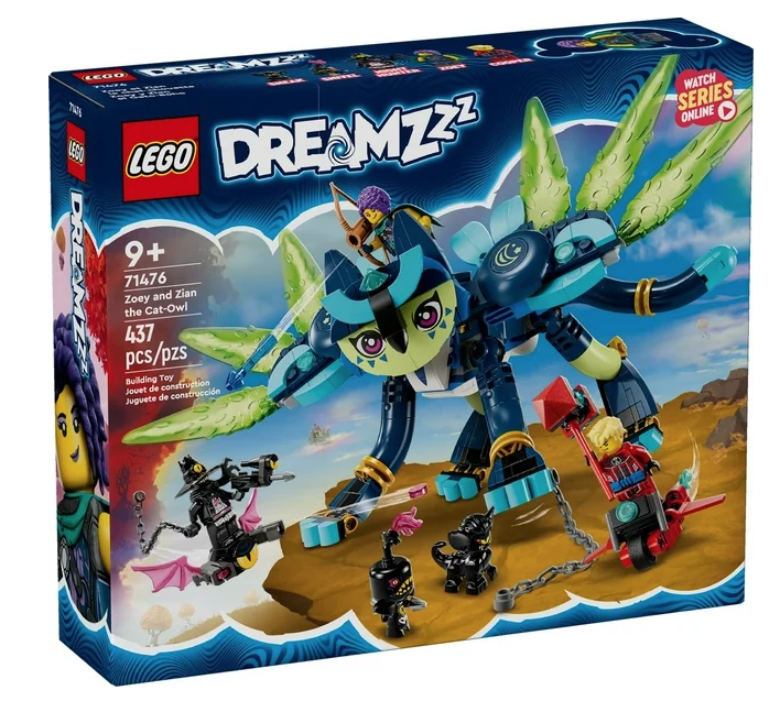 The box for the LEGO Dreamzzz Zoey and Zian the Cat-Owl set, picturing  Zian as a Cat-Owl with wings and the 3 minifigures: Zoey, Cooper and the Night Hunter, plus his minions Sneak and Snivel
