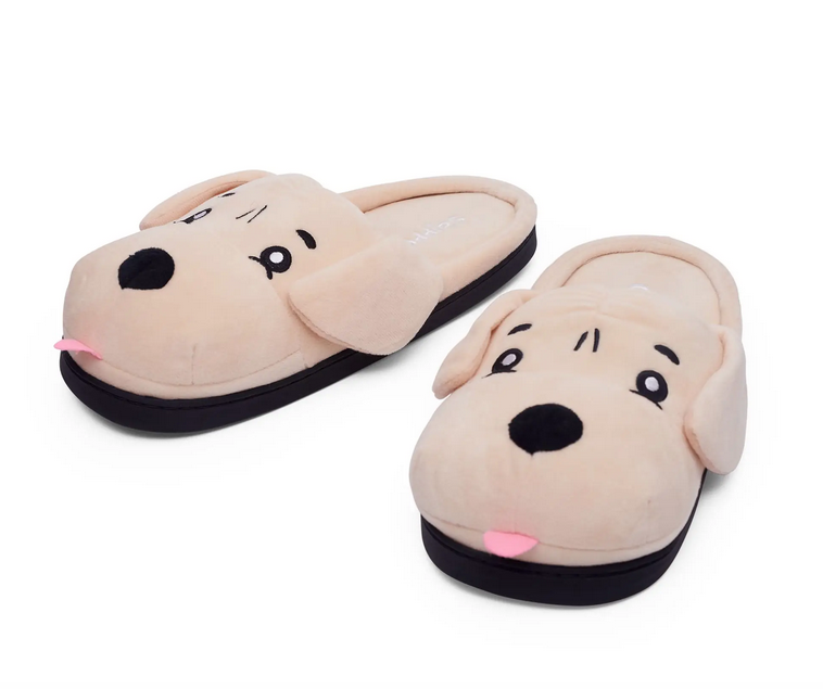 Fluffy slippers shaped like a dog.