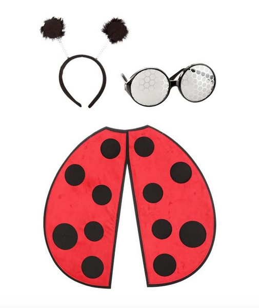 The Ladybug Costume Kit comes with a pair of stiffened red velour wings with symmetrical cutout black spots. Black plastic glasses that have lenses with a slight tint and silver-printed honeycomb design. And with a flexible, fabric-wrapped headband with attached antennae made from springy wire coils with fluffy feather tops. 