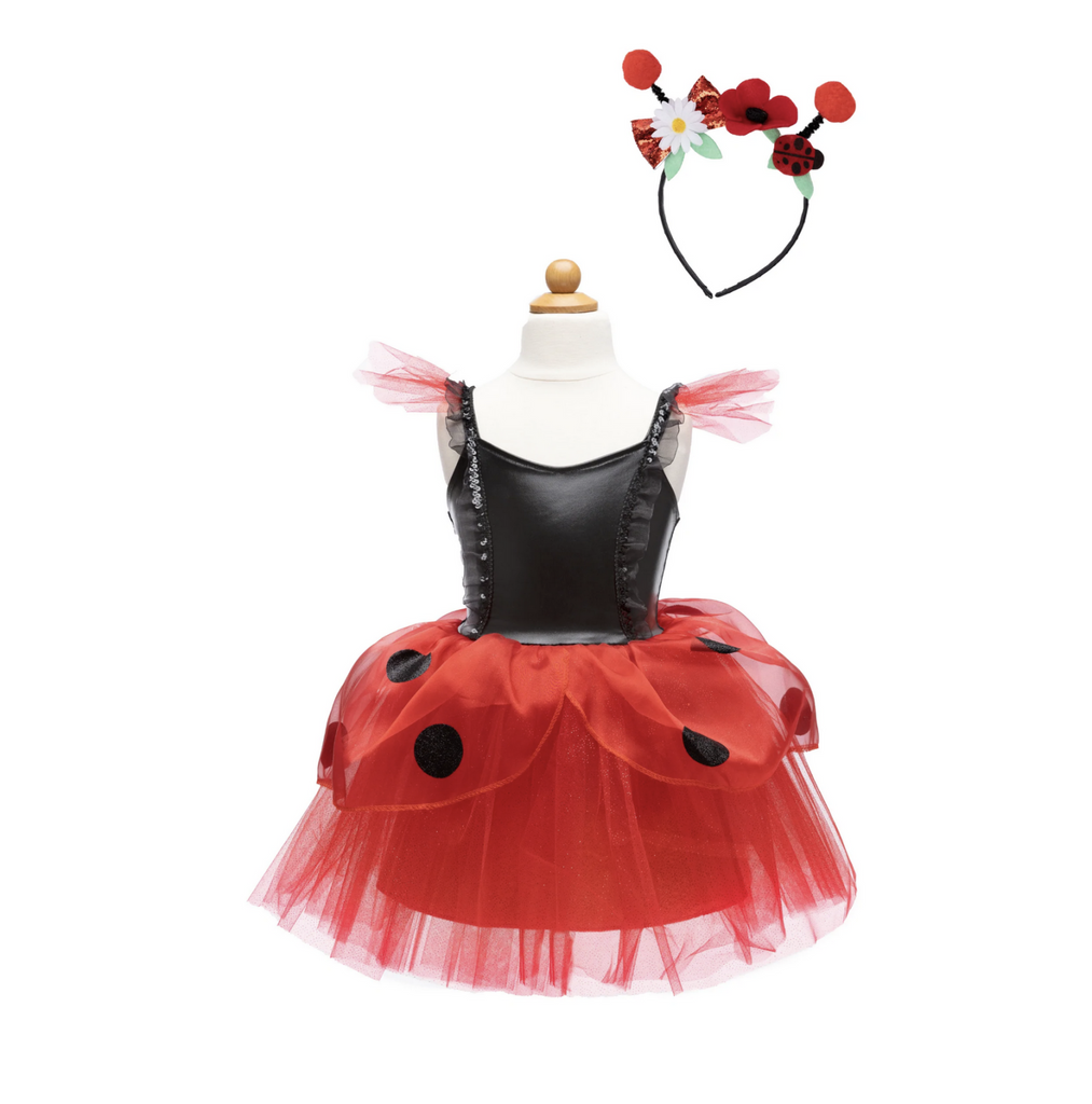 Dress with black bodice and red with black spots laybug tulle skirt. Comes with matching ladybug style headband.