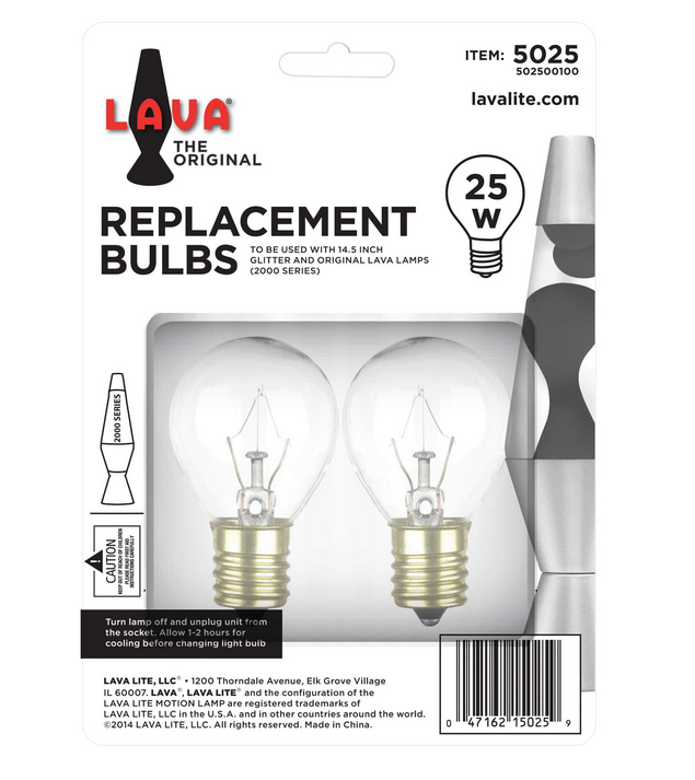 Lava lamp 25 watt replacement bulbs to be used with 14.5 inch glitter and original lava lamps.