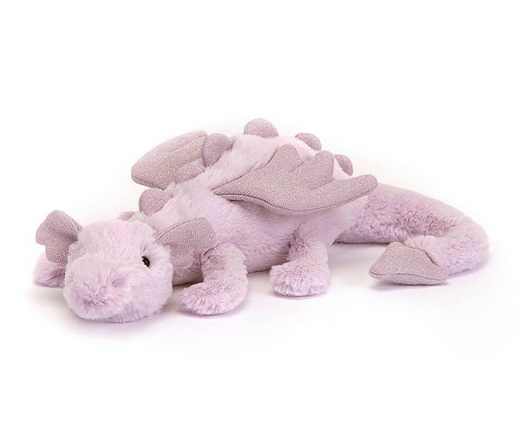 Small laying lavendar plush dragon by Jellycat.