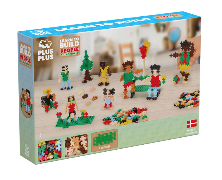 The box for the Plus Plus People of the World building set. Shows many of the diverse people you will be able to build with this 275 piece set. Also shows examples of trees, flowers, and park benches that can be built with this set.  Colors included are yellow, pastel blue, ged, gray, green, brown, camel and peach.  Also included are two green baseplates. 