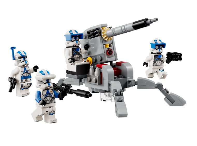 Fully assembled 501st Clone Troopers Battle Pack set. The LEGO minifigures – a 501st Officer, 501st Clone Specialist and 2 501st Heavy Troopers – each with a weapon for action play. As well as the AV-7 anti-vehicle cannon with a spring-loaded shooter. 