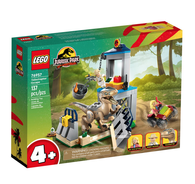 LEGO Jurassic World Velociraptor Escape toy playset. Inspired by an iconic Jurassic Park scene, it features a dinosaur pen with a tower, breakout function and winch to lower food to the Velociraptor figure. 