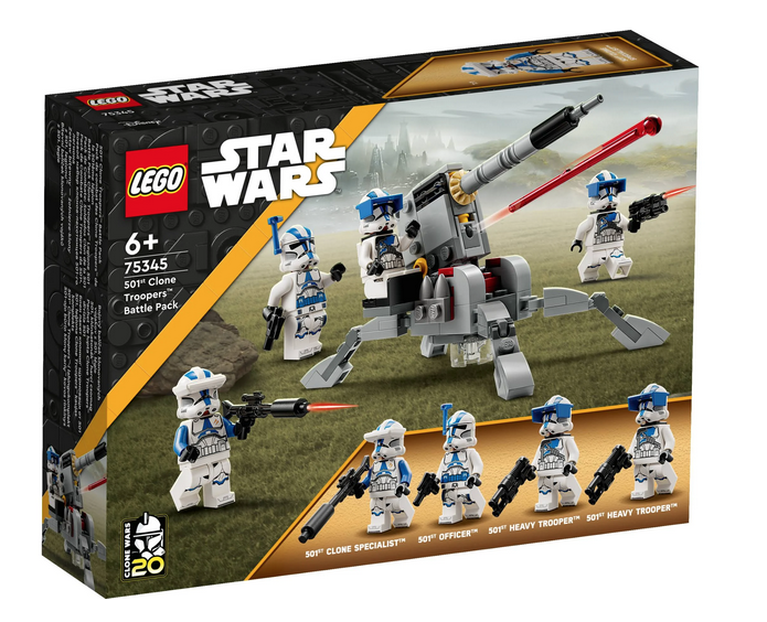 501st Clone Troopers LEGO® Star Wars™ Battle Pack box with the fully assembled  AV-7 anti-vehicle cannon with a spring-loaded shooter and all the minifigures.  The 501st Clone Specialist, 501st Officer and two 501st Heavy Troopers. 