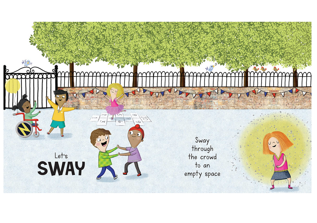 Inside papges of book showing several kids at the playground with lyrics "Let's SWAY- Sway through the crowd to an empty space."