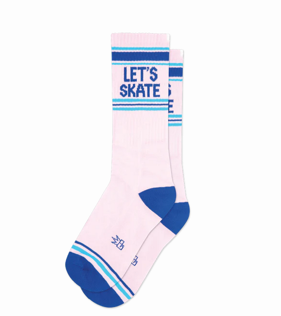 Unisex gym socks that are light pink with royal blue and scuba blue stripes. 