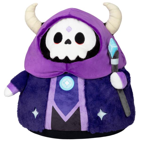 The Lich Squishble has lush dark purple robes and a bright purple hood with holes for his horns. His staff has a blue crystal at the top and theres no telling if his skull face has a smile on it!