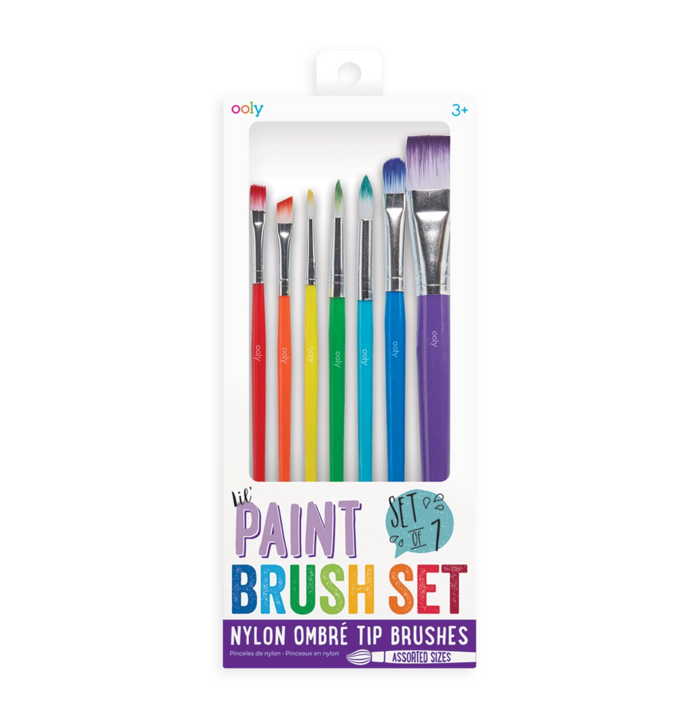 Set of rainbow colored paint brushes, Set of 7. Nylon Ombre tip brushes. Assorted sizes. Ages 3 and up.
