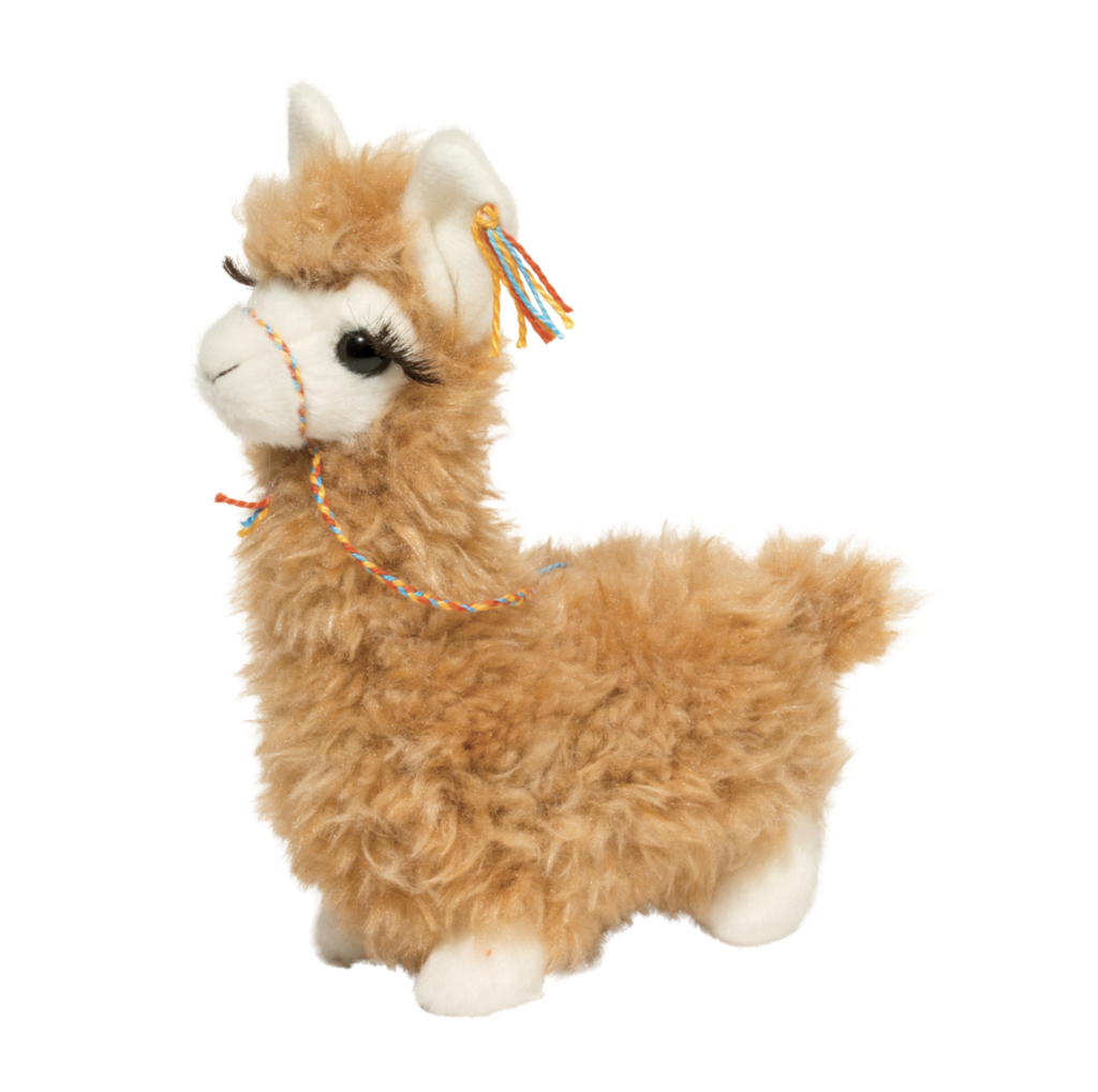 Wooly plush tan llama with long eyelashes and a colorful thread bridle.