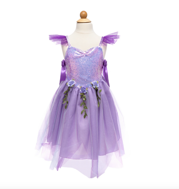 Lilac Sequins Forest Fairy tunic fits over the head and tie at the side, so they are extremely size flexible. The top is made of hundreds of sequins with beautiful purple ribbons to tie at the waist. Petals are made from shimmering organza, tulle, and lining making the skirt full and fun.