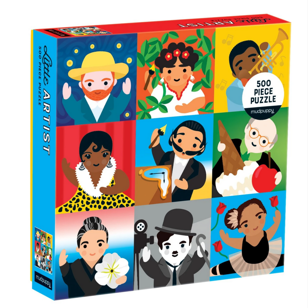 Box of Little Artists 500 piece puzzle. Puzzle is a grid of 9 illustrations of famous artists like, Josephine Baker, Charlie Chaplin, and more.