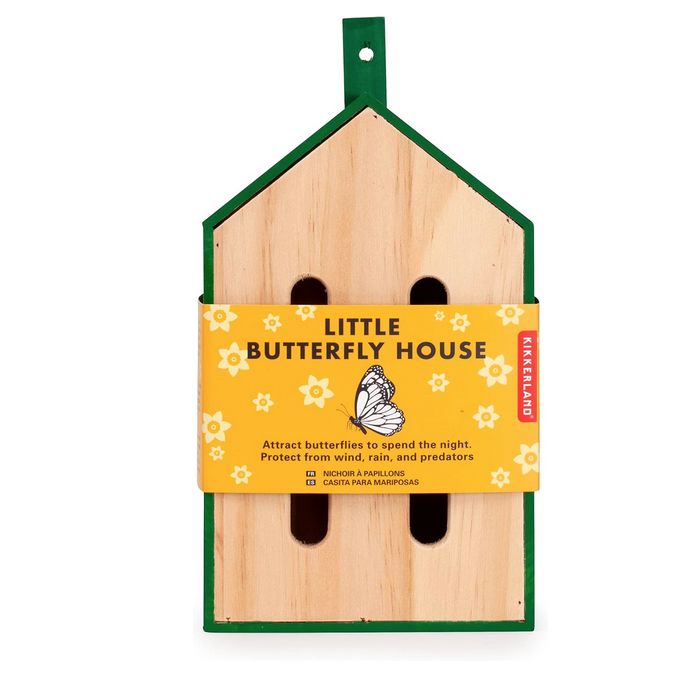 Light wood walls with green metal frame make up the Little Butterfly House, also has a yellow paper label encircling the butterfly house. 