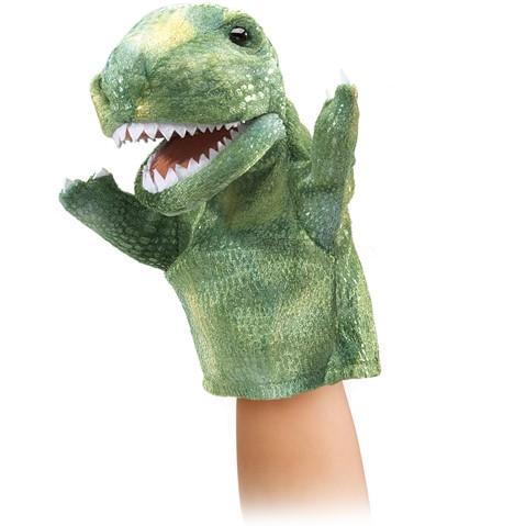 The T Rex hand puppet with shiny green scales and and ferocious mouth. 