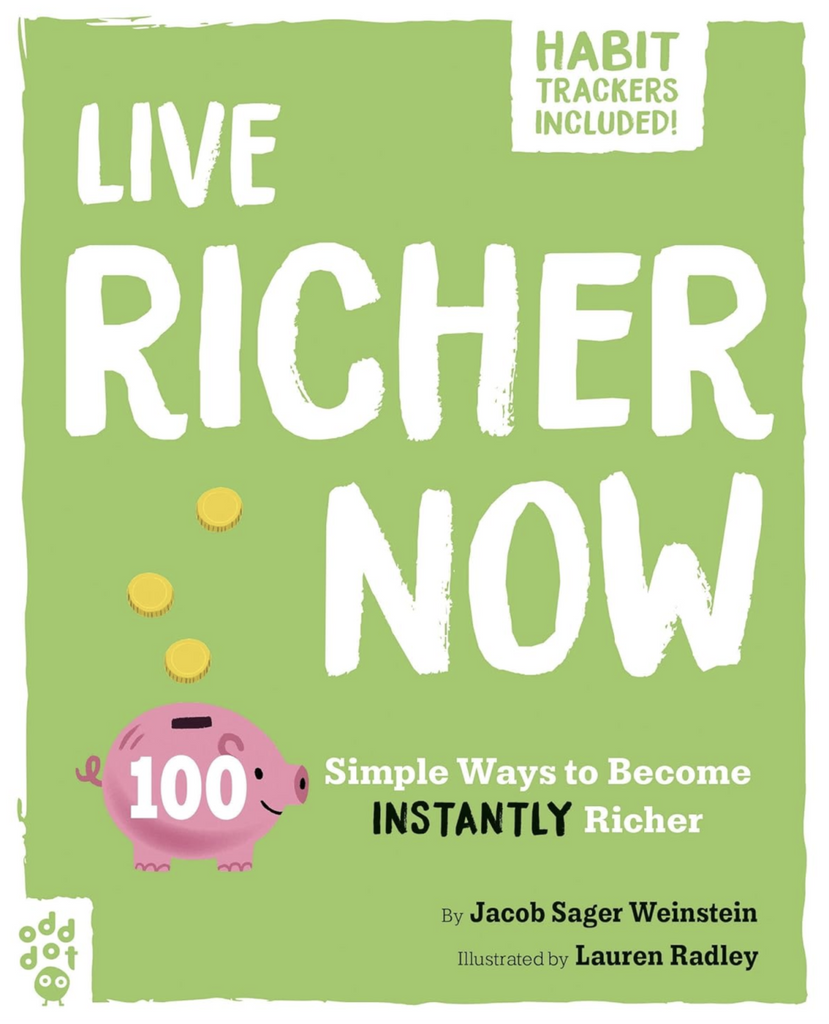 Live Richer Now book cover with bright green background and white lettering of the title and an illustration of a piggy bank and gold coins. 