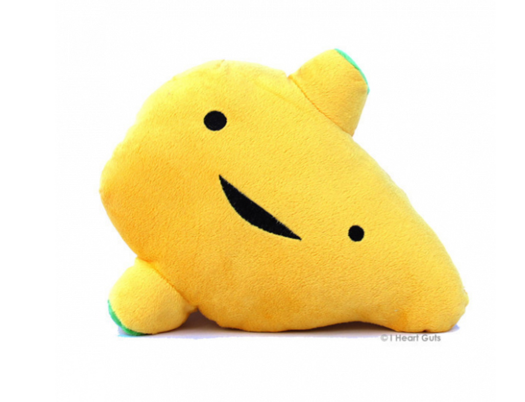Yellow plsuh liver with happy embroidered face.