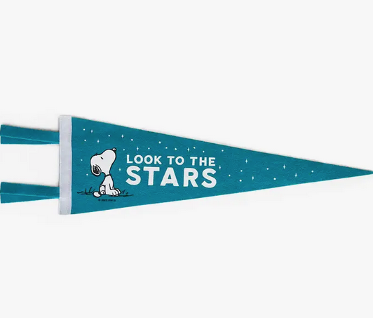 Turquoise blue triangle pennant with Snoopy gazing up to the stars printed on it. White letters red "Look To The Stars"
