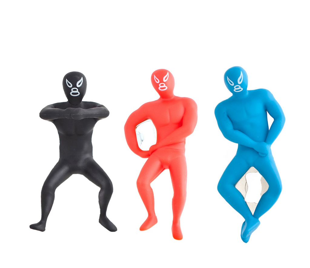 Bottle openers in the shape Mexican Luchadore wrestlers in various wrestling poses. Openers come in blue, red, or black and are made of a hard plastic with a silver metal bottle opener.