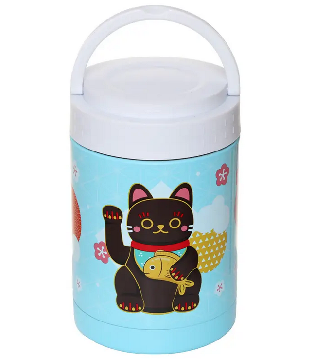 Blue and white lucky cat insulated food cup with handle.