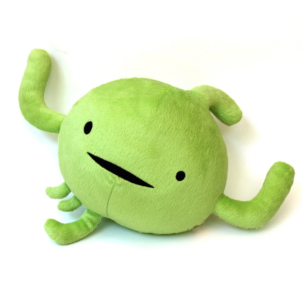 Bright green plush of an anatomical lymph node with embroidered black eyes and mouth.