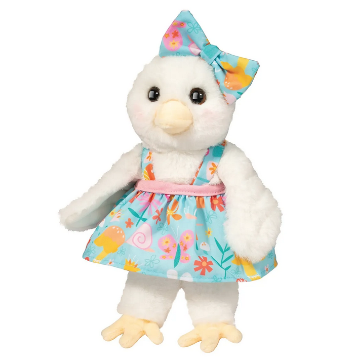 Mabel Chicken plush with white fur and blue floral print dress and matching bow. 