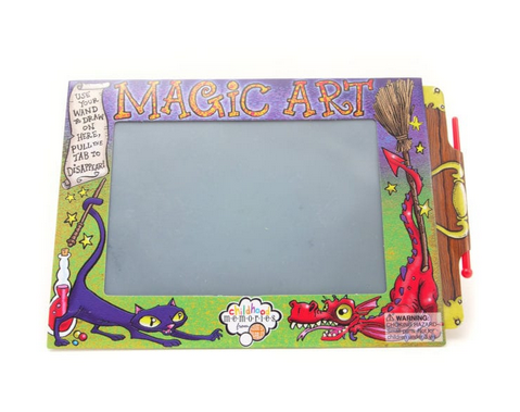 Magic Art slate. Funny illustrations surround the area that is drawn on. Red stylus connected on the side. 