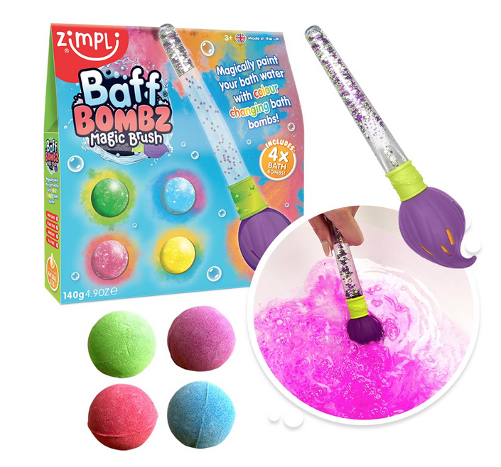 Magic Brush Baff Bombz package with pictures of the magic brush toy, four included bath bombs and colorful water. In the forground there is a green, purple, red and blue bath bomb. As well as the magic brush with clear, glitter handle and bristle compartment for the bath bombs, and a picture of the magic brush swirling in water turning it pink, 