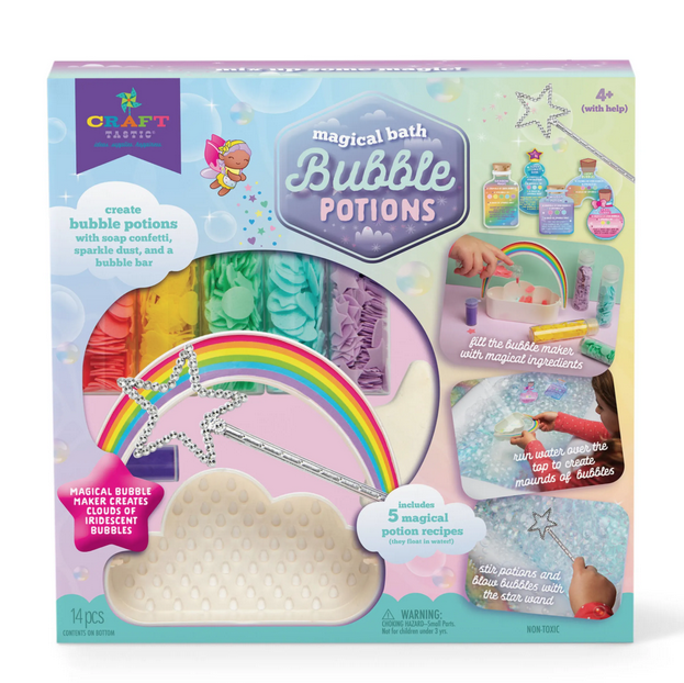 The front of the box for the Magical Bath Bubble Potions Kit. This kit comes with a cloud-shaped bubble maker, a plastic wand for stirring your potions, 5 potion recipes that float in water and stick to the sides of a bathtub, Vials of soap confetti, a vial of mica powder to add sparkle to your potions, and a star-shaped bubble bar. 