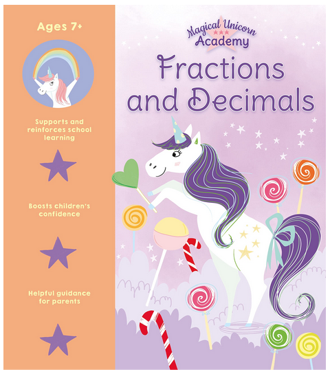 The Magical Unicorn Fractions and Decimals activity book. The Magical Unicorn is on the cover with candy and lollipops illustrations. 
