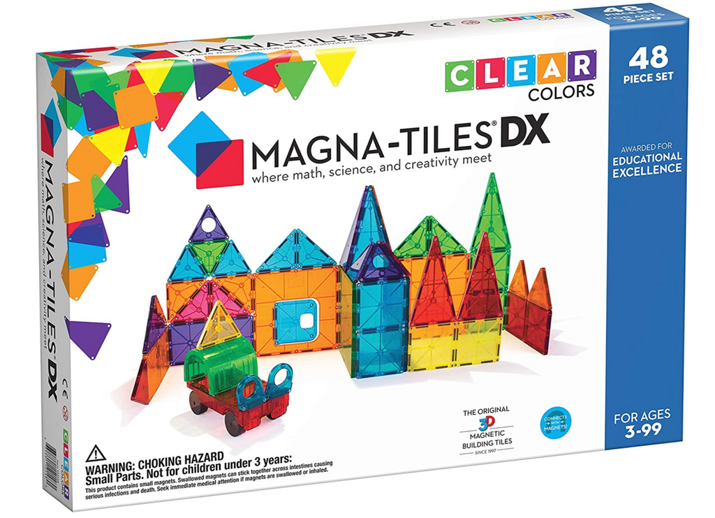 Magna-Tiles Clear Colors 48 piece set- the original 3D magnetic building set for ages 3 to 99 shows various builds made with the clear colored magnetic pieces.
