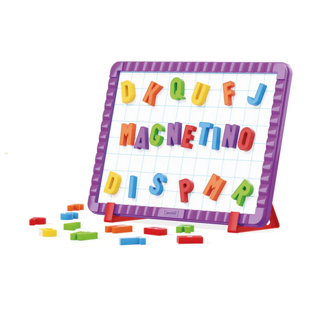 The Magnetic Board with white background and purple frame is propped on the easel and has bright colored letters on it. 
