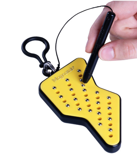 Magnatab Mini is a magnetizing palm sized fidget toy shaped like a lightning bolt. The attached stylus is black and the top of the Magnitab is yellow.  