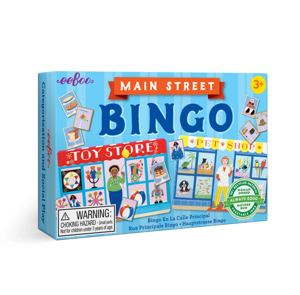 Main Street Bingo box. Feauring the colorful Toy Store and Pet Shop playing boards. 