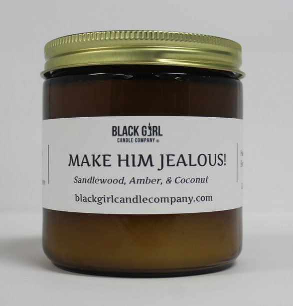 Black Girl Candle Company Make Him Jealous sandlewood, amber, and coconut candle.