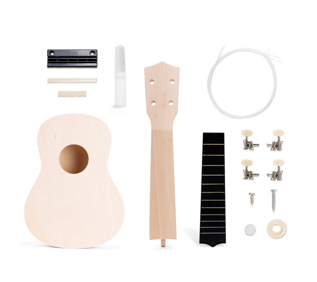 Make Your Own Ukulele. This DIY kit contains all the pieces for your instrument and features smooth, unfinished wood to paint and decorate as you like.