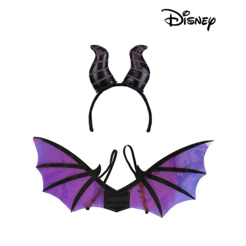 Maleficent Dragon Horns Headband & Wings Accessory Kit. The stuffed horns slide over fabric-covered plastic headband and the horns have printed spirals. Wings have elastic shoulder straps.
